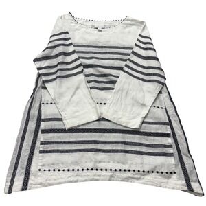 J Jill Love Linen Tunic Top Womens Small White Black Striped Embroidered 3/4 Slv